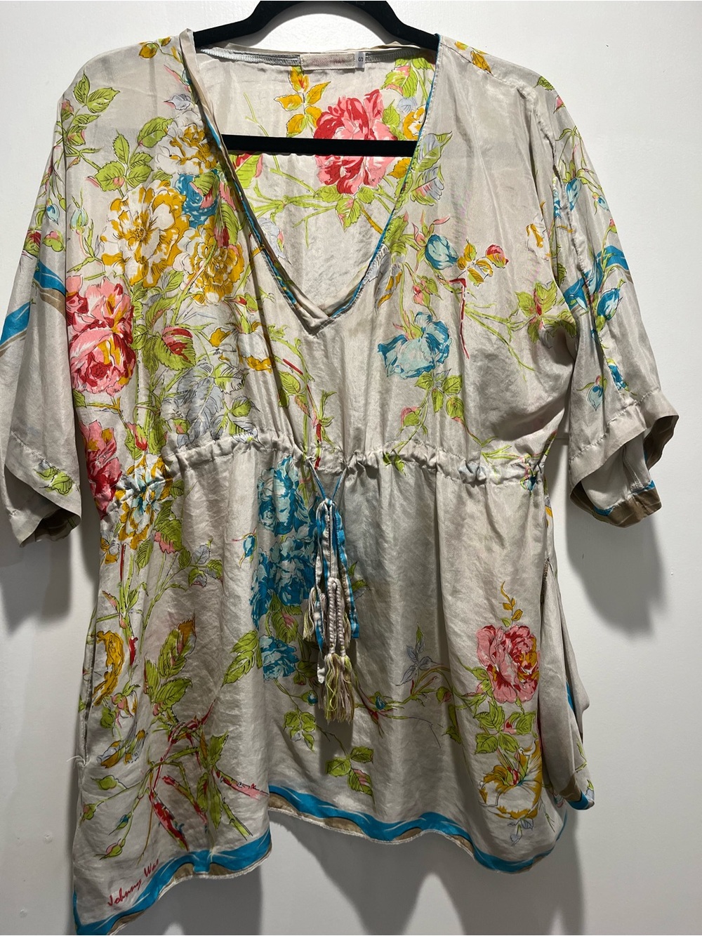 Johnny Was Cream V-Neck Tunic with Red, Yellow, Blue & Green Floral Print